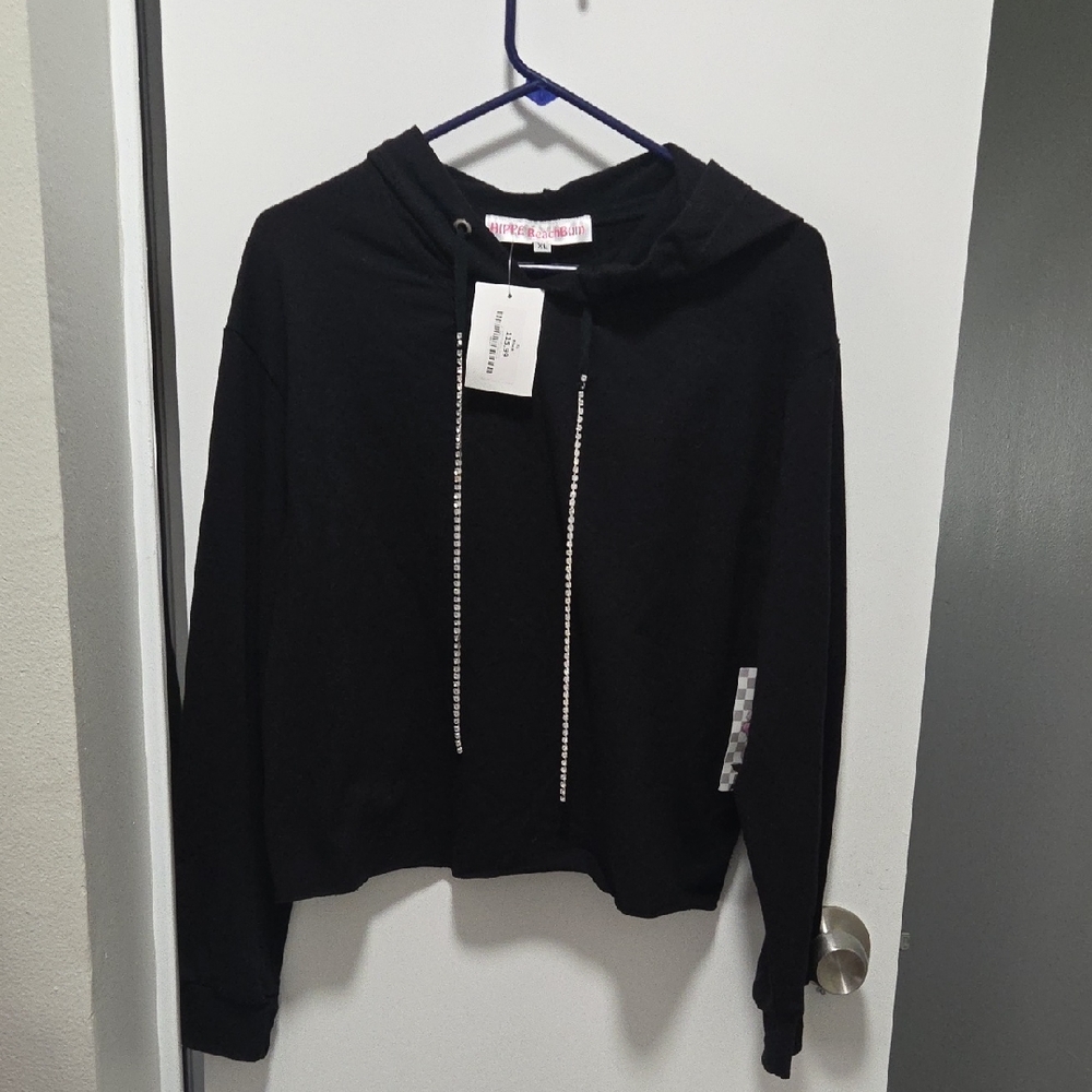 BLACK HOODIE WITH RHINESTONE DRAWSTRING